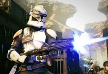 A white-armored trooper fires a blaster in a rocky canyon, with another figure visible above and behind.