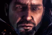 Close-up portrait of a Terran character in StarCraft II armor