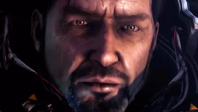 Close-up portrait of a Terran character in StarCraft II armor