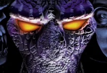 A purple, scaled alien face with glowing orange eyes fills the frame beside part of a human face.