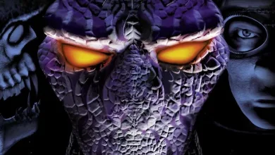 A purple, scaled alien face with glowing orange eyes fills the frame beside part of a human face.