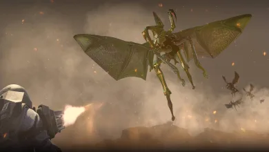 A large winged Hopper flies toward a firing Trooper as other bugs cross a smoky battlefield.