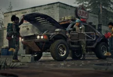 Three survivors work around an off-road vehicle outside a Juno building in the rain.