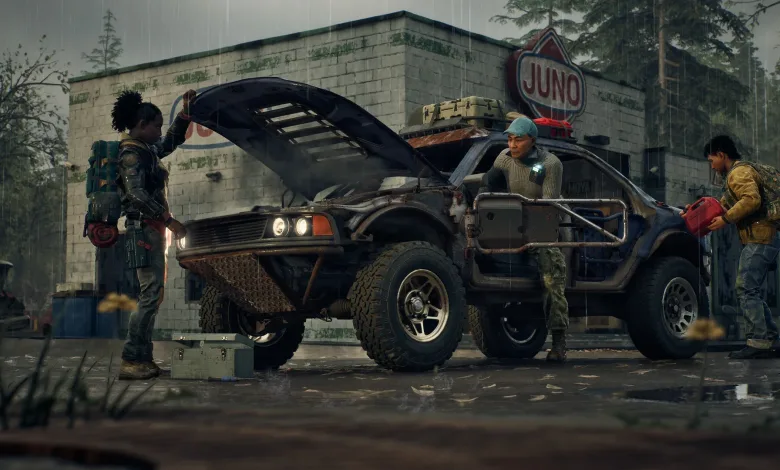 Three survivors work around an off-road vehicle outside a Juno building in the rain.