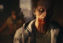 A bloodied zombie with a glowing eye fills the foreground, with a blurred survivor behind it.
