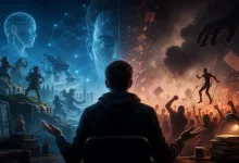 A seated developer faces AI-themed game scenes on one side and a hostile crowd with a puppet figure on the other.