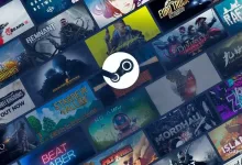 A white Steam logo sits over a collage of video game artwork.
