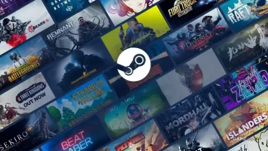 A white Steam logo sits over a collage of video game artwork.