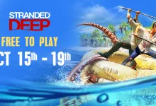 Stranded Deep artwork shows two survivors fighting a sea creature from a raft, with the Oct. 15–19 promotion dates.