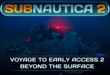 The Subnautica 2 logo above a submerged wreck in a dark underwater scene.