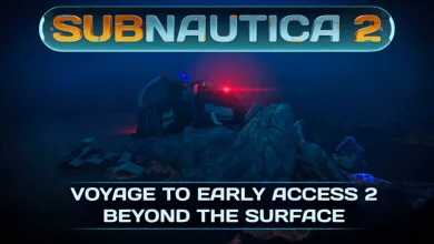 The Subnautica 2 logo above a submerged wreck in a dark underwater scene.