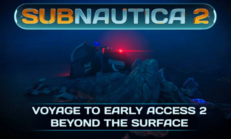 The Subnautica 2 logo above a submerged wreck in a dark underwater scene.
