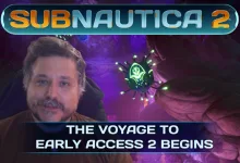 A developer-vlog presenter beside a glowing alien creature beneath the Subnautica 2 logo