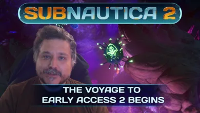 A developer-vlog presenter beside a glowing alien creature beneath the Subnautica 2 logo