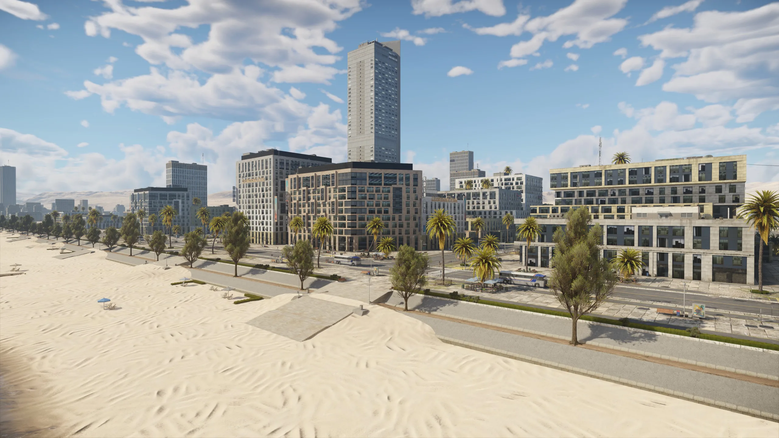 Sun City's coastal skyline, beach and palm-lined streets