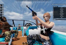 A player holding a firearm sits with two companions aboard a boat in Sunkenland, with the companion command menu open.