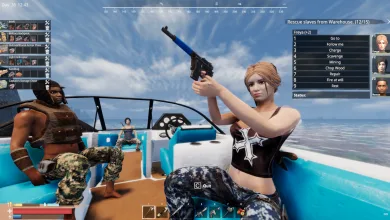 A player holding a firearm sits with two companions aboard a boat in Sunkenland, with the companion command menu open.