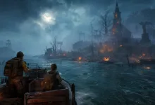 Two survivors approach a foggy island by boat, passing glowing jack-o'-lanterns and an abandoned graveyard.