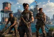 Three armed survivors stand on a wooden ocean outpost surrounded by water and industrial structures.