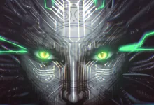 A glowing green-eyed cybernetic face from System Shock 2: 25th Anniversary Remaster.