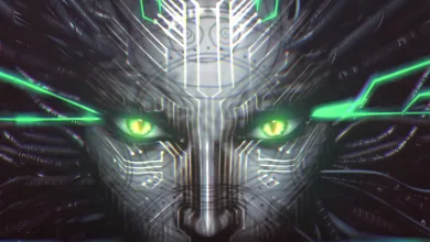 A glowing green-eyed cybernetic face from System Shock 2: 25th Anniversary Remaster.