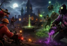Red-uniformed mercenaries face undead fighters around a glowing control point, while a gas-masked figure pours purple goo across the ground.