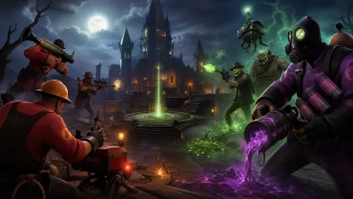 Red-uniformed mercenaries face undead fighters around a glowing control point, while a gas-masked figure pours purple goo across the ground.
