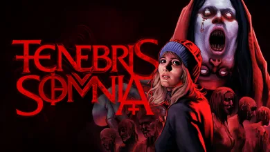 A woman in a red hood stands before a towering pale monster in Tenebris Somnia key art.