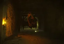 A large dinosaur creature lunges forward in a dim underground passage.