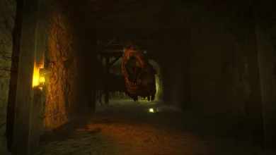 A large dinosaur creature lunges forward in a dim underground passage.