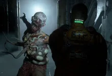 A prisoner in an orange suit faces a grotesque mutated creature inside a spacecraft corridor.