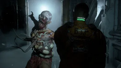 A prisoner in an orange suit faces a grotesque mutated creature inside a spacecraft corridor.