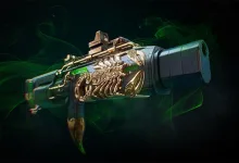 An ornate weapon skin with gold detailing and green smoke surrounding the gun.