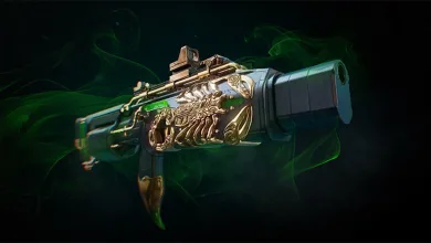 An ornate weapon skin with gold detailing and green smoke surrounding the gun.