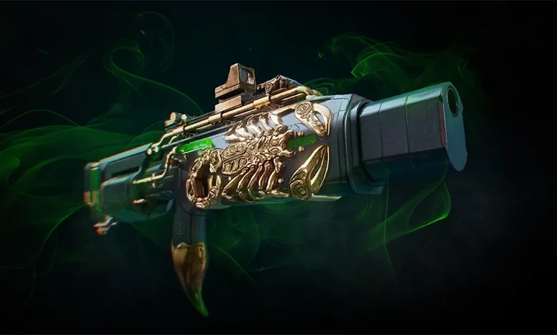 An ornate weapon skin with gold detailing and green smoke surrounding the gun.