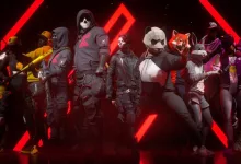 A lineup of THE FINALS contestants stands against a red geometric backdrop.