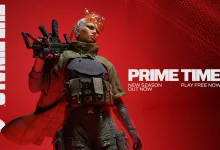 A contestant in tactical gear holds a weapon against a red background in THE FINALS Prime Time season artwork.