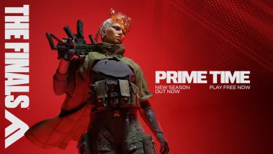 A contestant in tactical gear holds a weapon against a red background in THE FINALS Prime Time season artwork.