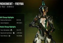 Freyna stands holding a rifle beside a panel listing skill and module changes.