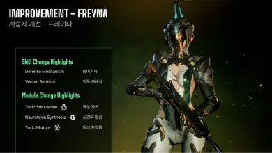 Freyna stands holding a rifle beside a panel listing skill and module changes.