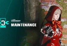 A red-hooded character beside The First Descendant maintenance graphic.