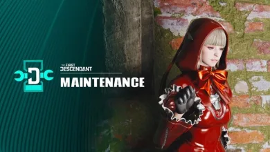A red-hooded character beside The First Descendant maintenance graphic.