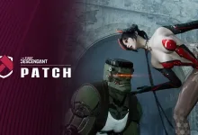 A red-and-black armored woman leans over a green-armored character beside The First Descendant PATCH graphic.