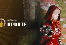 A red-hooded character beside The First Descendant update logo
