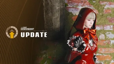 A red-hooded character beside The First Descendant update logo