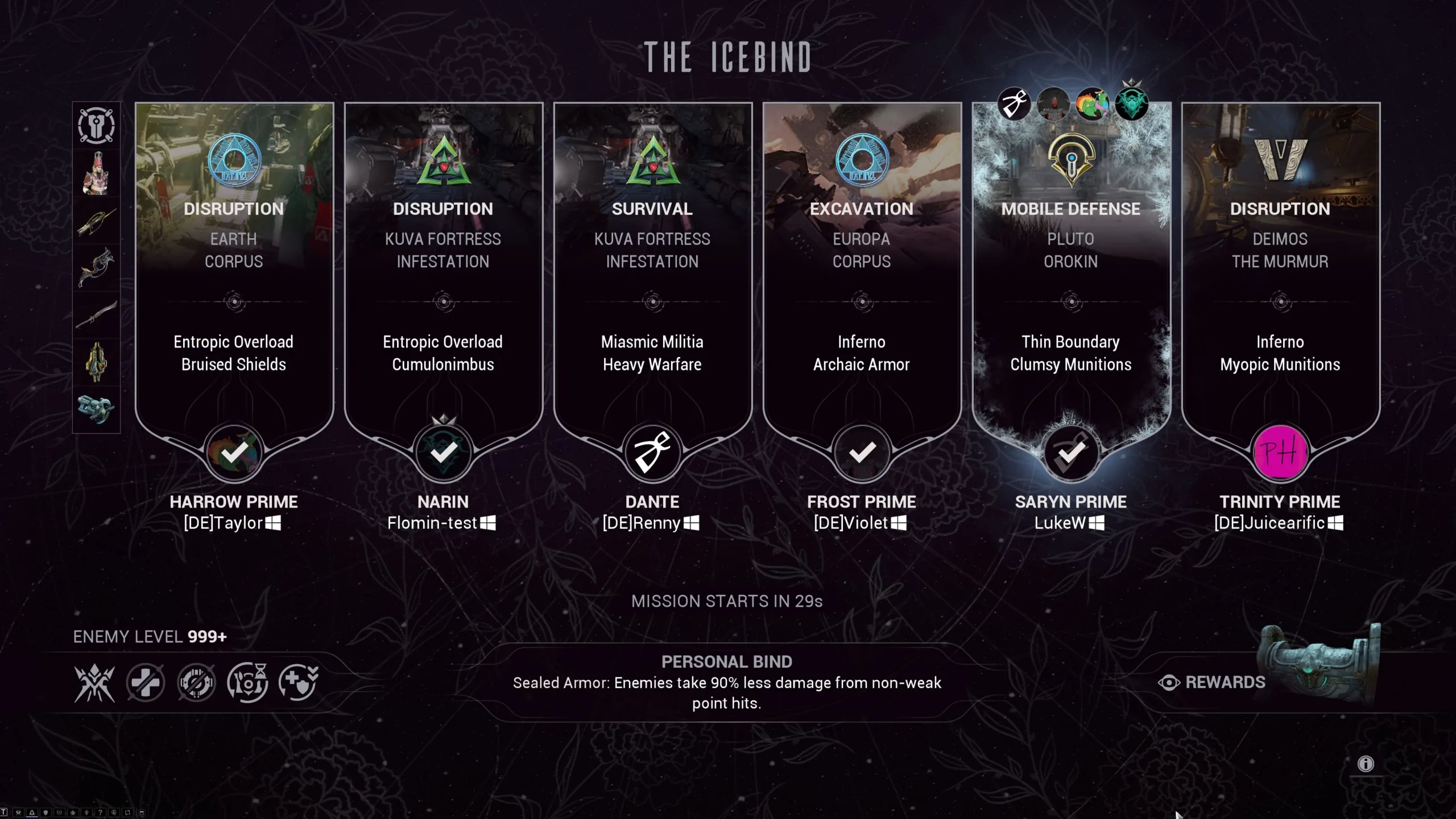 The Icebind squad voting screen with six players and level 999+ enemies