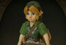 A close-up of Link wearing a green tunic and cap.
