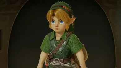 A close-up of Link wearing a green tunic and cap.