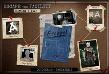 A woman in a worn uniform holds a finger to her lips in front of blueprints and investigation notes.