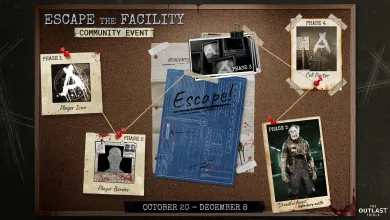 A woman in a worn uniform holds a finger to her lips in front of blueprints and investigation notes.